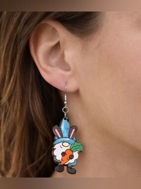 Handmade Wooden Easter Gnome Bunny Earrings Hand Painted Teal Spring Statement